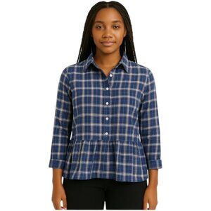 Trovata Birds or Paradise Small Navy Plaid Peplum Long Sleeve Shirt
